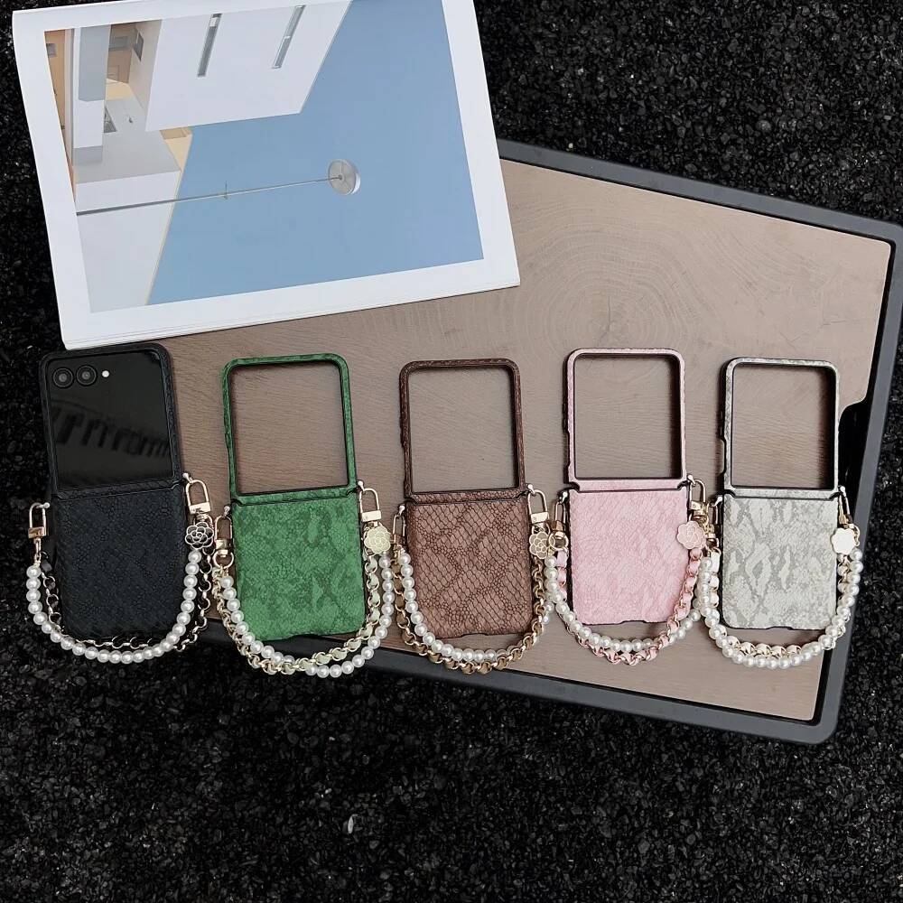 Luxury Snake Texture PU Leather For Samsung Galaxy Z Flip7 Flip 7 6 5 4 Zflip6 Case Pearl Flower Bracelet Strap Back Cover