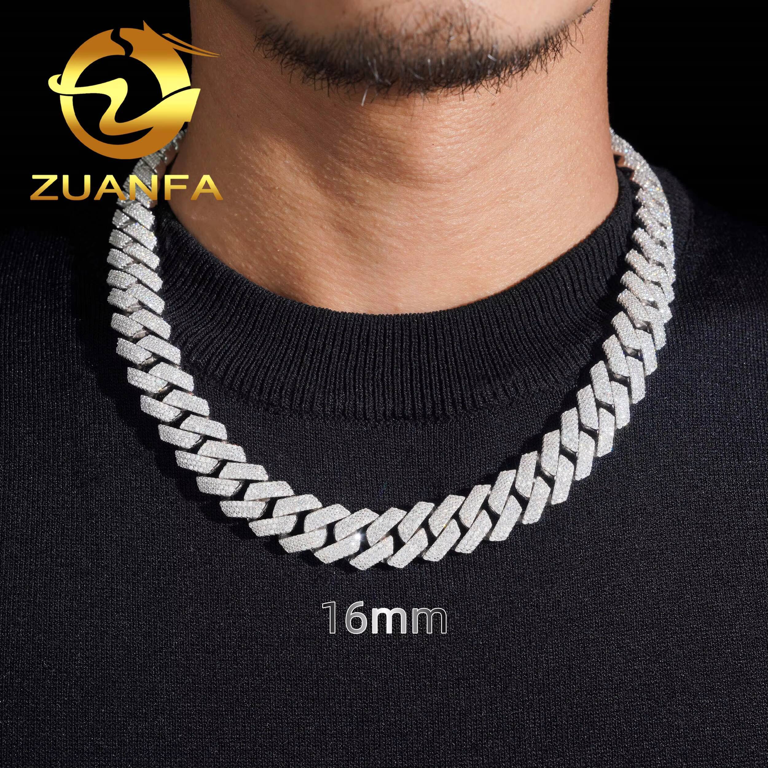 3 Rows 16mm Moissanite Chain Cuban Links Prong Chain Pass Diamond Tester 925 Silver Cuban Link Chain Necklace Rose Gold Plated
