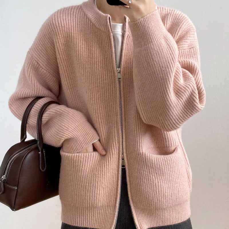 Sweater Cardigan Women Autumn Double Zipper Casual Korean Knitwear Coat Solid Color Loose Soft Long Sleeve Jackets OuterwearT251101