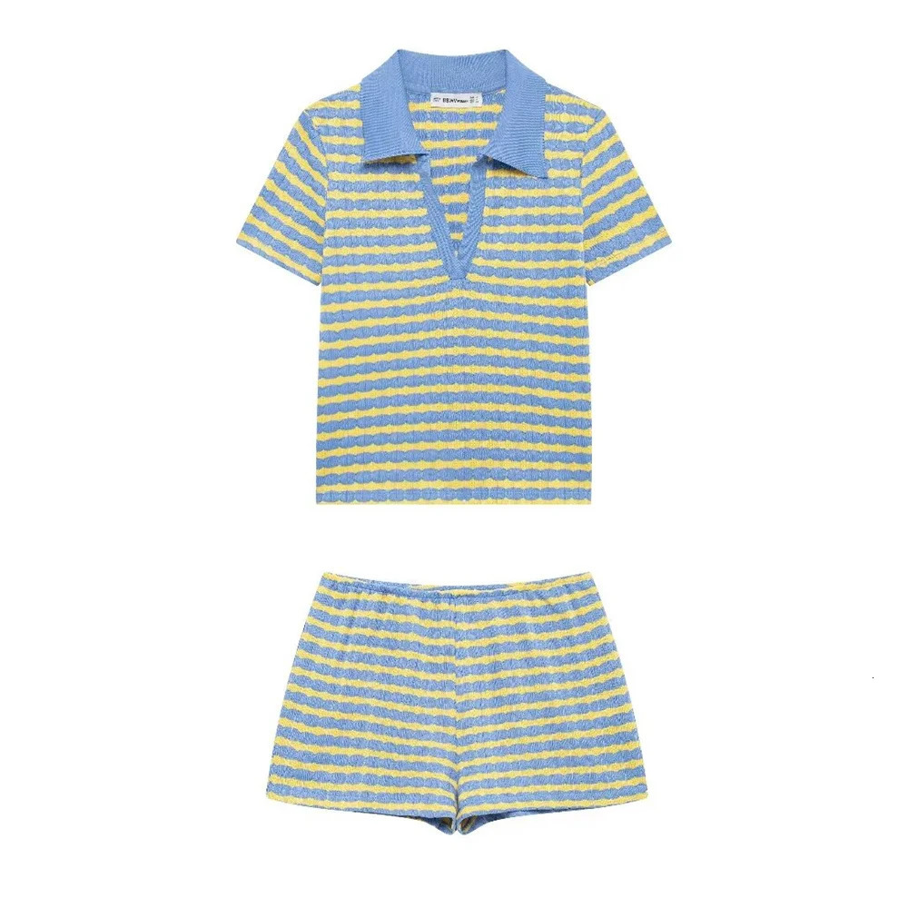Kar Otza womens round neck slim fit edging decoration lapel T-shirt casual loose shorts two-piece set 250327