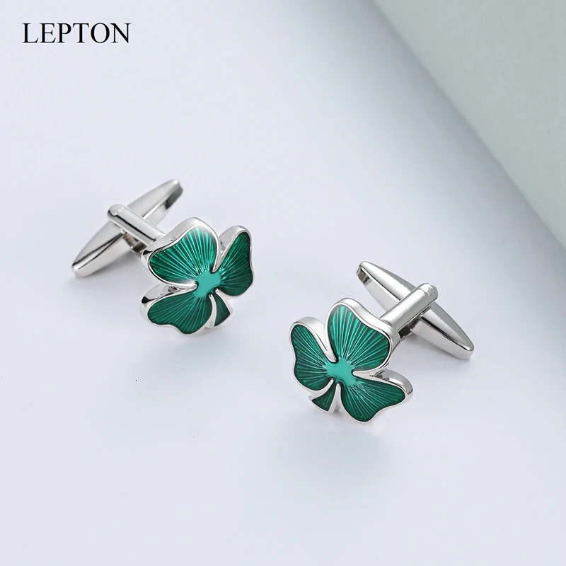LEPTON Green Clover Cufflinks For Wedding Mens Fashion Irish Ireland Shamrock Cuff Links Dress Shirt Cufflink Business Gifts 250327