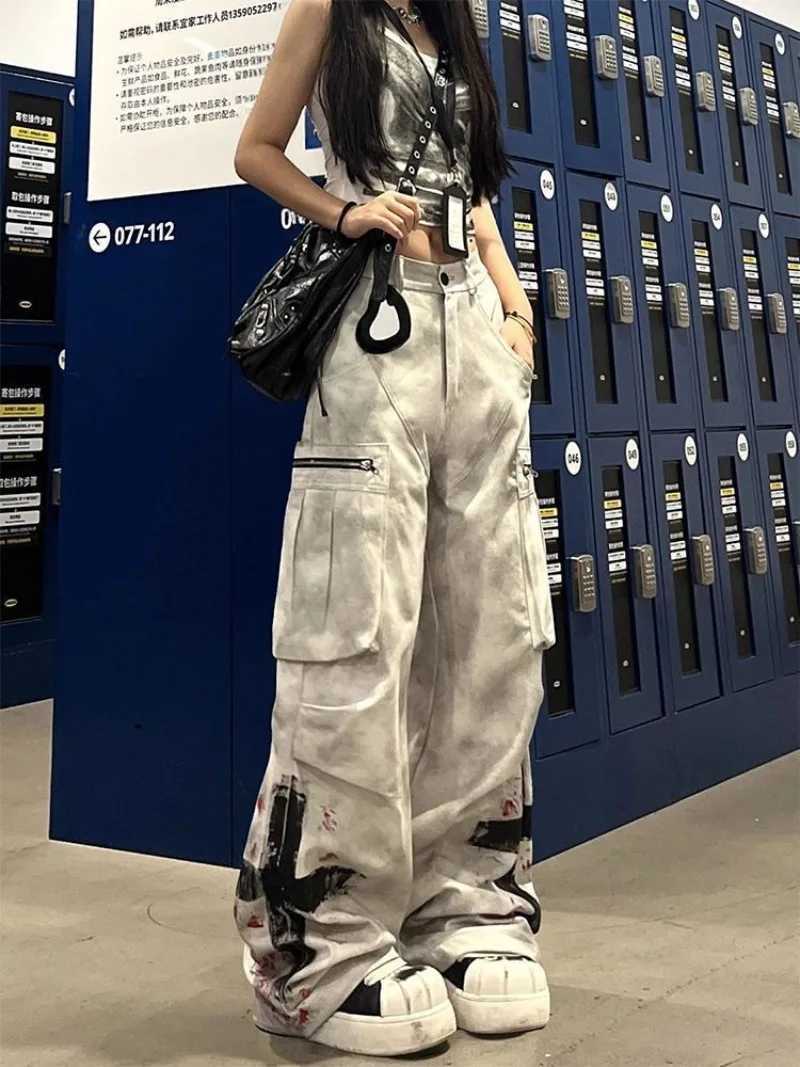 American Street Gothic Graffiti Print Pocket Jeans Women Retro Distressed Loose Fashion Street Casual High Waist Wide Leg Jeans J251031