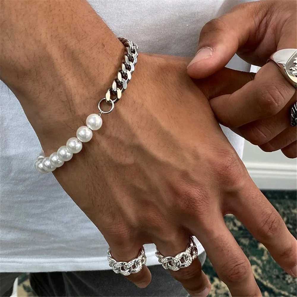 Simple stainless steel pearl splicing bracelet silver mens Cuban chain bracelet retro party jewelry mens fashion accessories Y250329