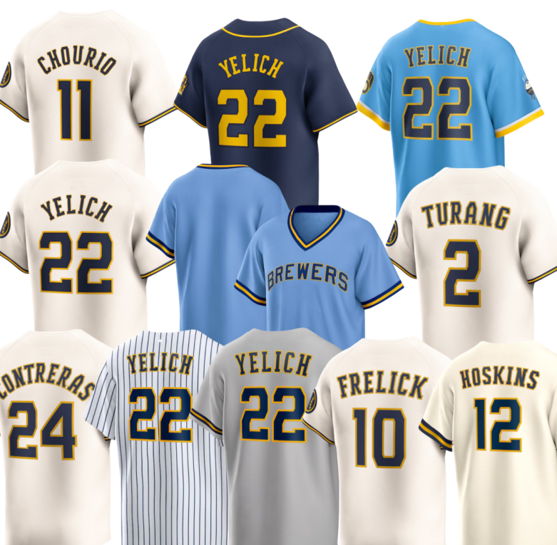 Brewers Baseball custom Jersey 22 Christian Yelich Rhys Hoskins William Contreras Jackson Chourio Sal Frelick Joey Ortiz Brice Turang Garrett Mitchell Jake Bauers