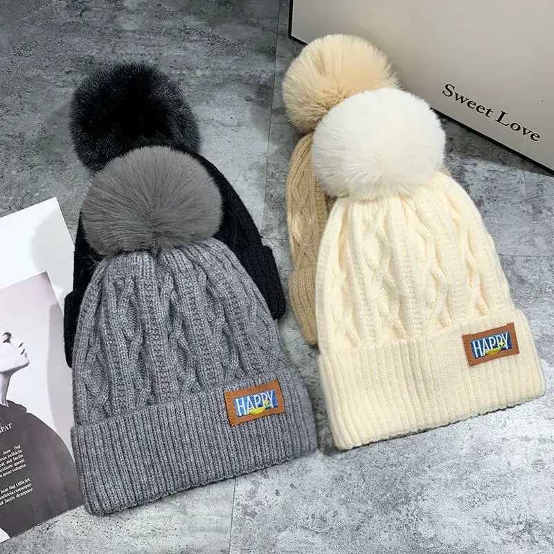 Winter Womens Pompom Knitted Hat Women Solid Color Thicken Plush Beanie Cap Female Autumn Warm Crochet HatsXJ251101