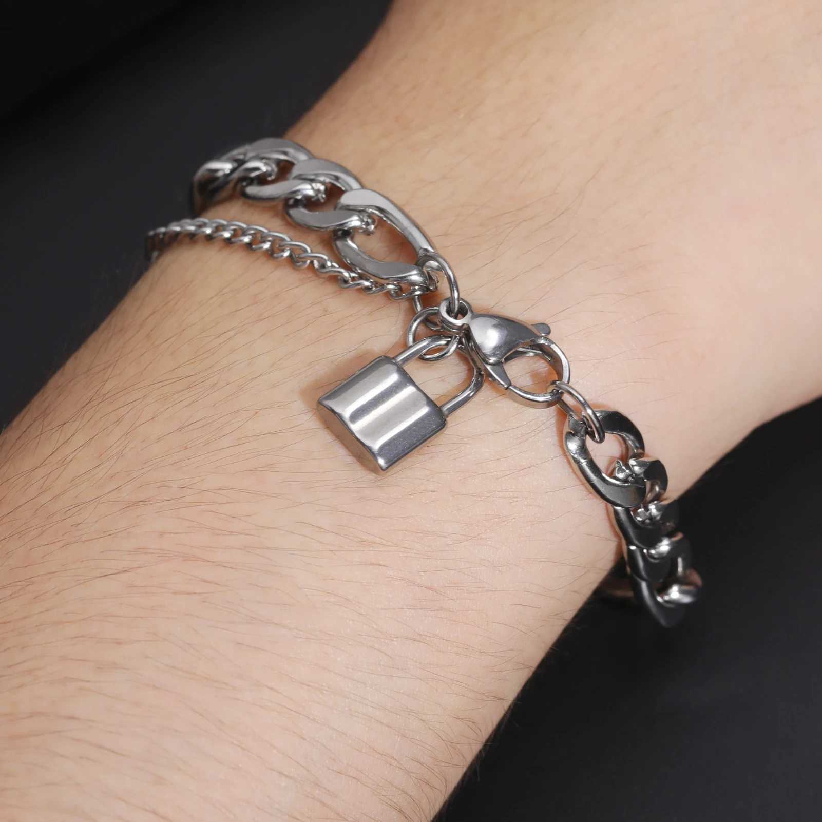 Skyrim Hip Hop Lock Pendant Bracelet Mens Stainless Steel Figaro Chain Bracelet Handmade Punk Party Jewelry Gift Y250329