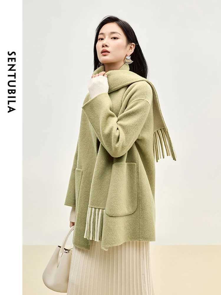 SENTUBILA 100 Wool Double Sided Woolen Coat 2025 Winter U Patch Pocket Tassel Scarf Single Breasted Elegant Coats W44O55981T251101