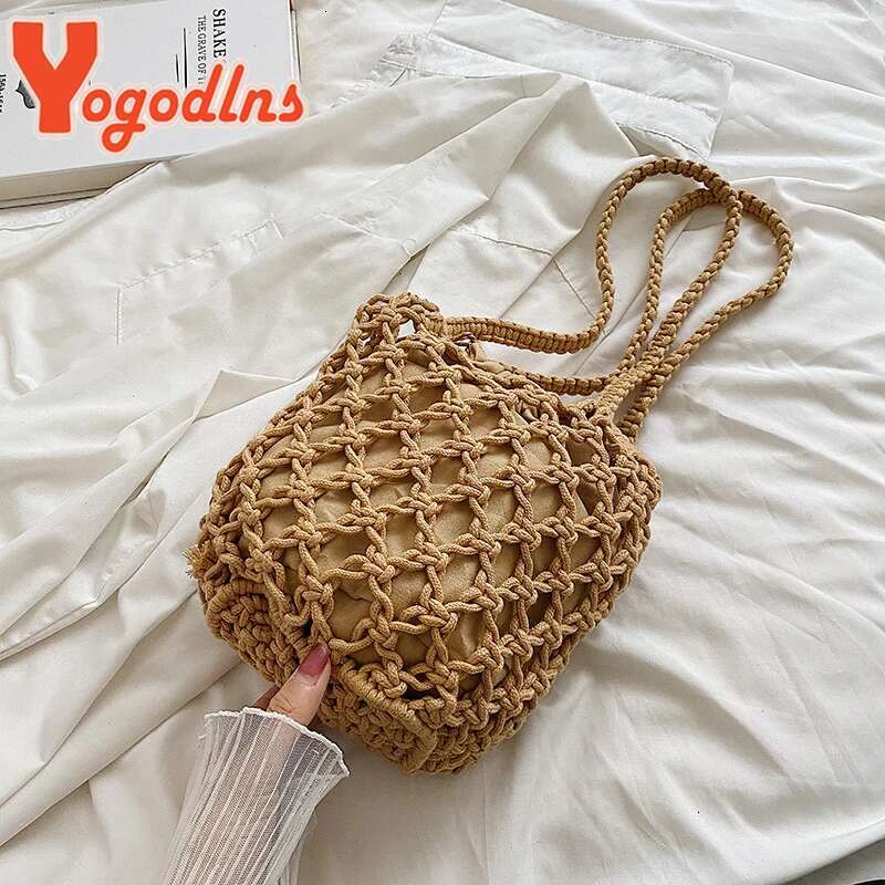 Drawstring Women's Bucket Summer Woven Shoulder Bags Purse Beach Handbag Straw Handbags Casual Crossbody Bag
