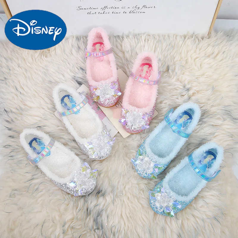 Disney Girls Plush Slippers Frozen Cute Childrens Princess Elsa Winter Cotton Slippers Baby Snow Home Pink Blue Shoes Size H251101
