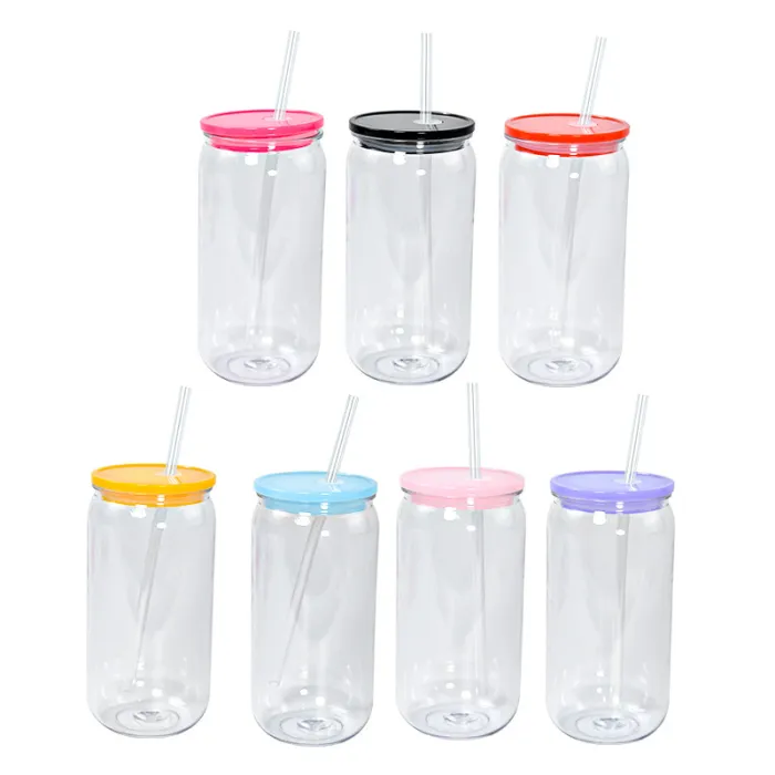 USA SHIP 16oz acrylic libbey can cups clear plastic drinking tumblers with colored PP lid straw cola food mason jars for vinly reusable cups 50pcs/cas
