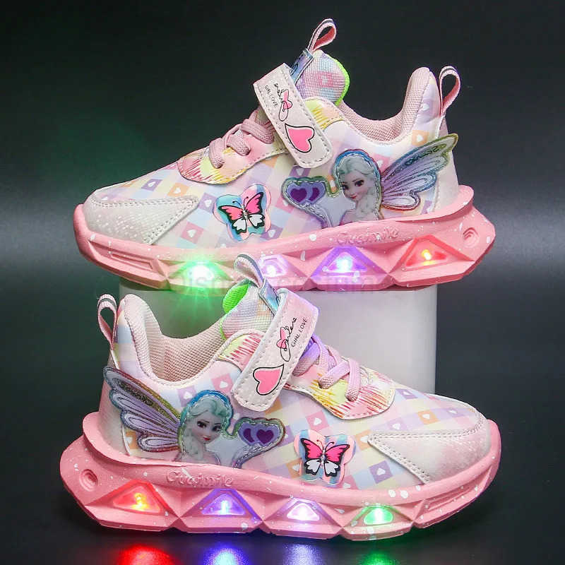 Disney Childrens Sports Shoes Led Lights Sneaker Cartoon Frozen Princess Elsa PU Leather Girls Pink Childrens Running Shoes H251101