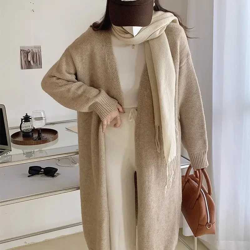 New minimalist and versatile autumn long knitted cardigan for women with a lazy style over the knee Vneck thick sweater jacketT251101