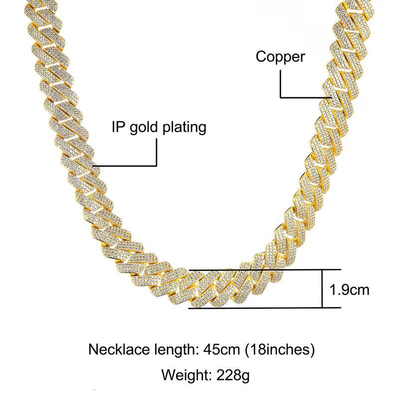 Hip Hop Gold Filled Link Bracelet Chain Set 19MM 3 Rows Diamond Cuban Choker Necklace Mens Miami Iced Out Moissanite Prong Cuban Chain