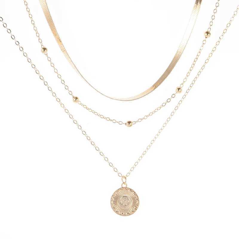 Vintage Silver Color Round Multilayer Coin Necklace Snake Chain Party Gift for Womens Exquisite Fashion Jewelry PendantC250407