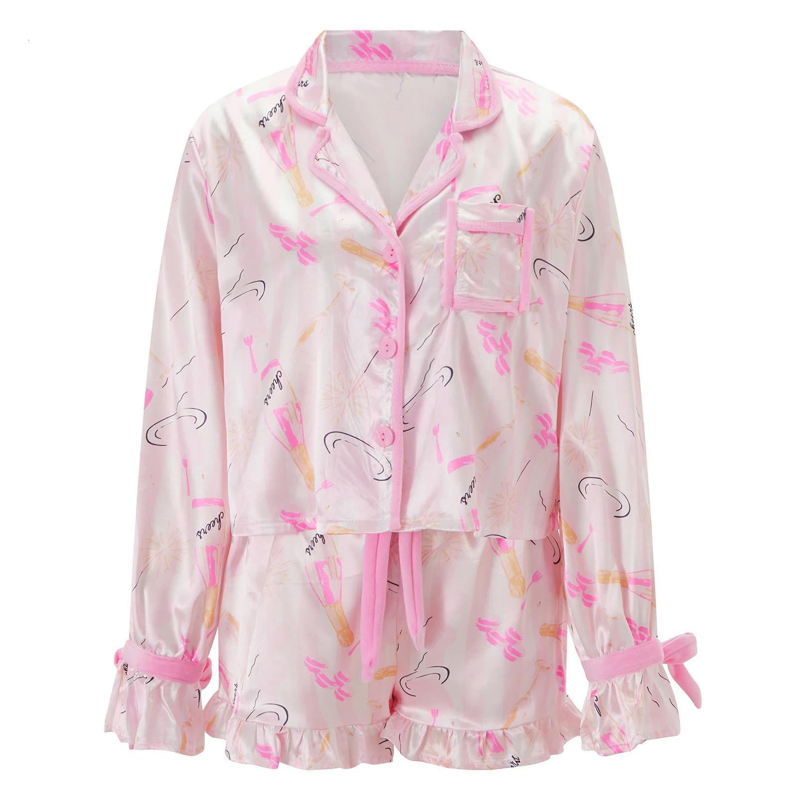 Women 2 Piece Christmas Pajamas Cute Bow Tie Long Sleeve Santa Claus Shirts Ruffles Boxer Shorts Satin Silk Xmas Pjs Sets 251031