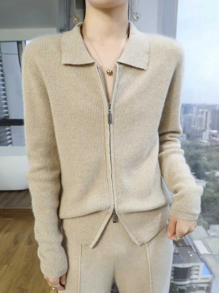 Autumn Winter Women Zipper Cashmere Cardigan POLO Collar Casual Sweater 70 Merino Wool and 30 Goat Cashmre Knitwear Female CoT251101