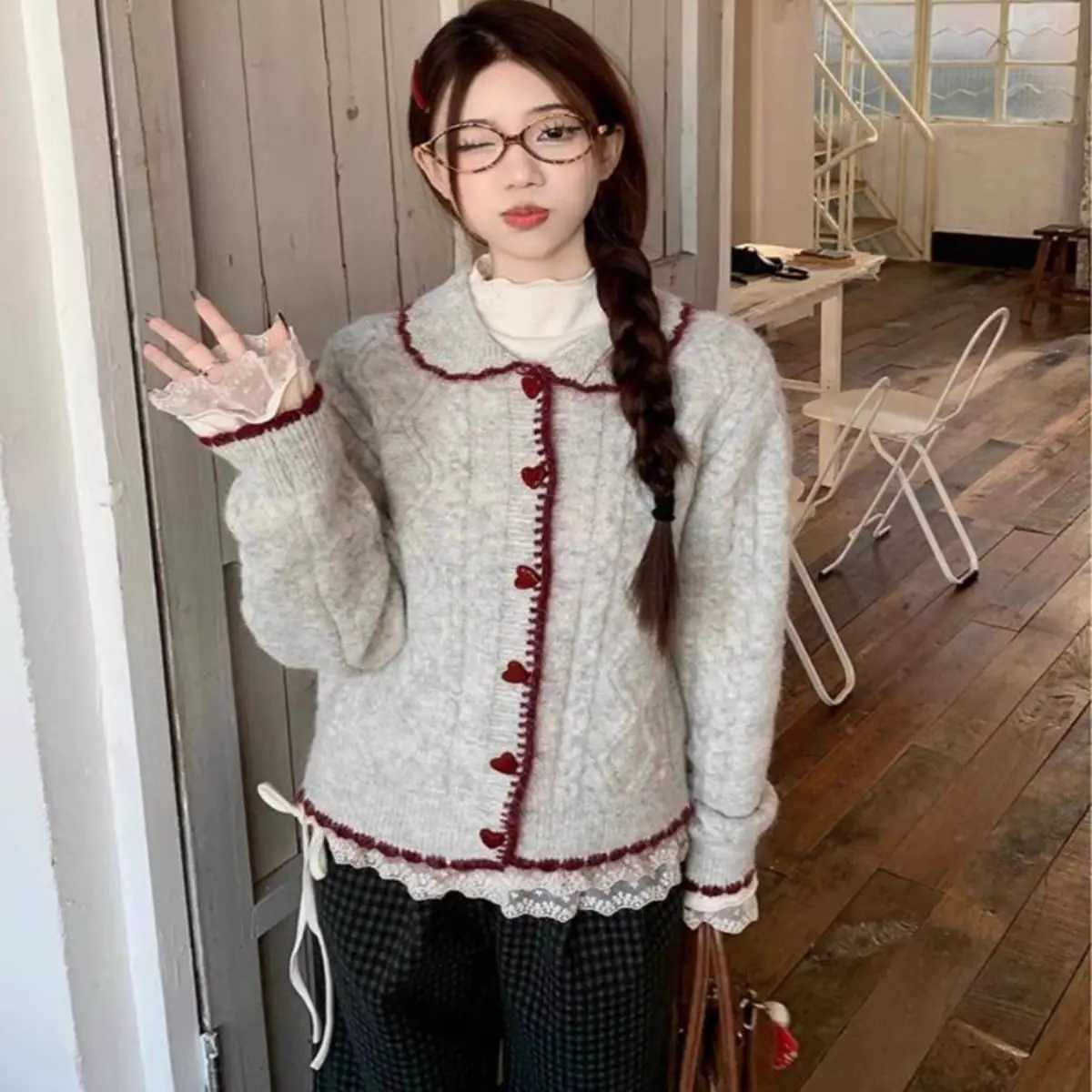 Autumn Winter Preppy Peter Pan Collar Knitted Cardigan Women Loose Soft Long Sleeve Sweater Coat Casual OutfitT251101