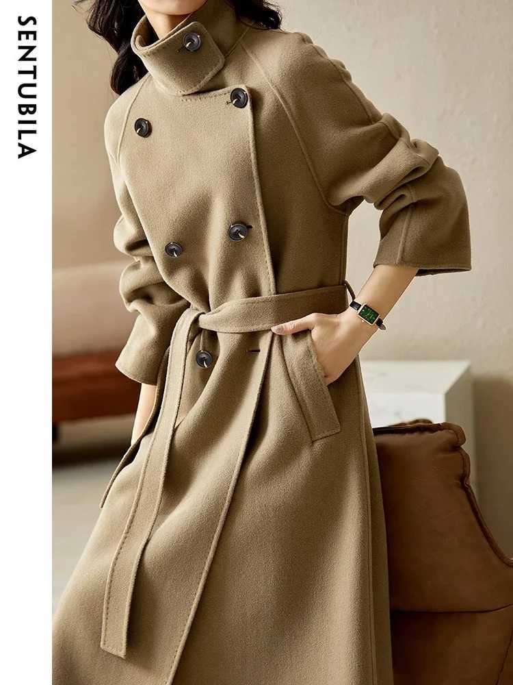 SENTUBILA Womens Long Woolen Overcoats 2025 Winter Outerwear Elegant Turtleneck Warm Double Breasted Belt Wrap Coat W24O42064T251101