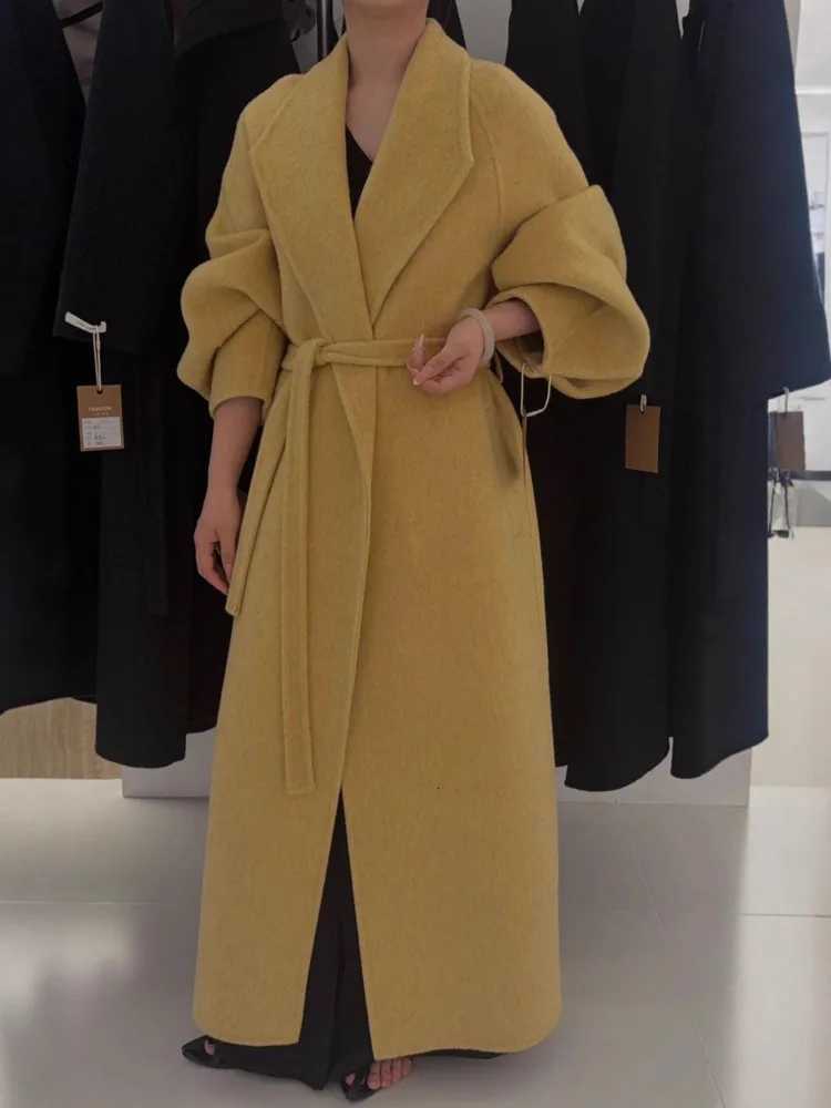 ZMEENNA Long Wool Blend Coat For Women With Oversized Lapels And Tie Belt Stylish And Elegant Winter Outerwear ZM4032T251101