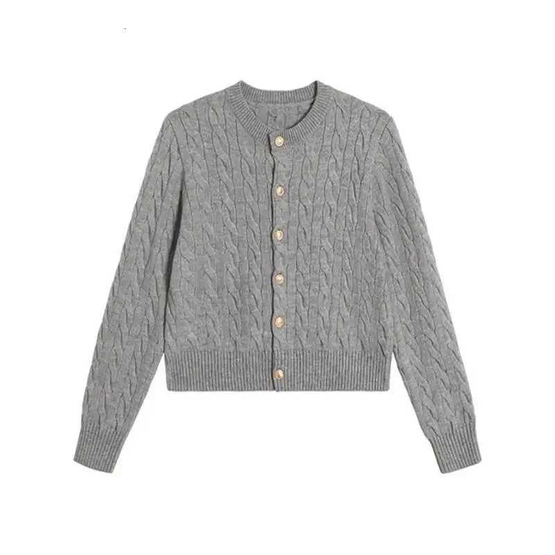 2025 Vintage Long Sleeve Cardigan Women Sweater Oneck Elegant Knitted Top Fashion Autumn Grey KnitwearT251101