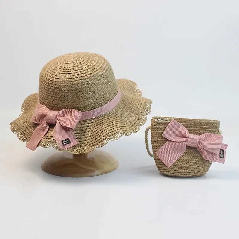 Children Straw Hat and Shoulder Bag Girls Summer Outdoor Beach Cap Cute Bow Travel Beach Sun Hat Crossbody BagC250411