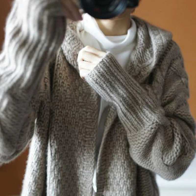 Fashion Winter Warm Women Long Sleeve Loose Cardigan Sweater Solid Color Elegant Casual Knitted Top Autumn Hooded KnitwearT251101