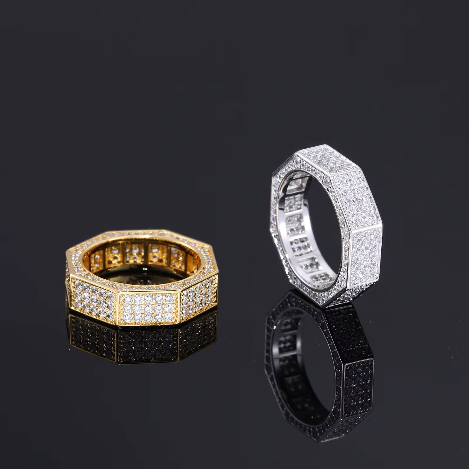 Wholesale Classic Hip Hop Style Jewelry White Gold Brass Prong Setting Full 5A Zircon Diamond Octagonal Geometric Ring for Men