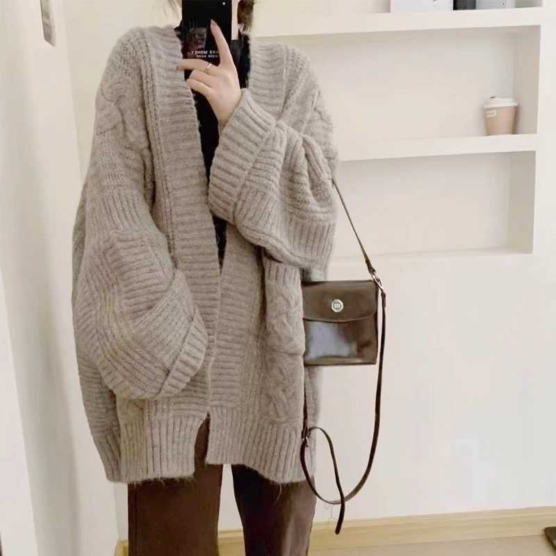 New Loose Womens Knitted Cardigan Casual Solid Color Sweater Medium Length Thick Elegant Loose Coat with PocketsT251101