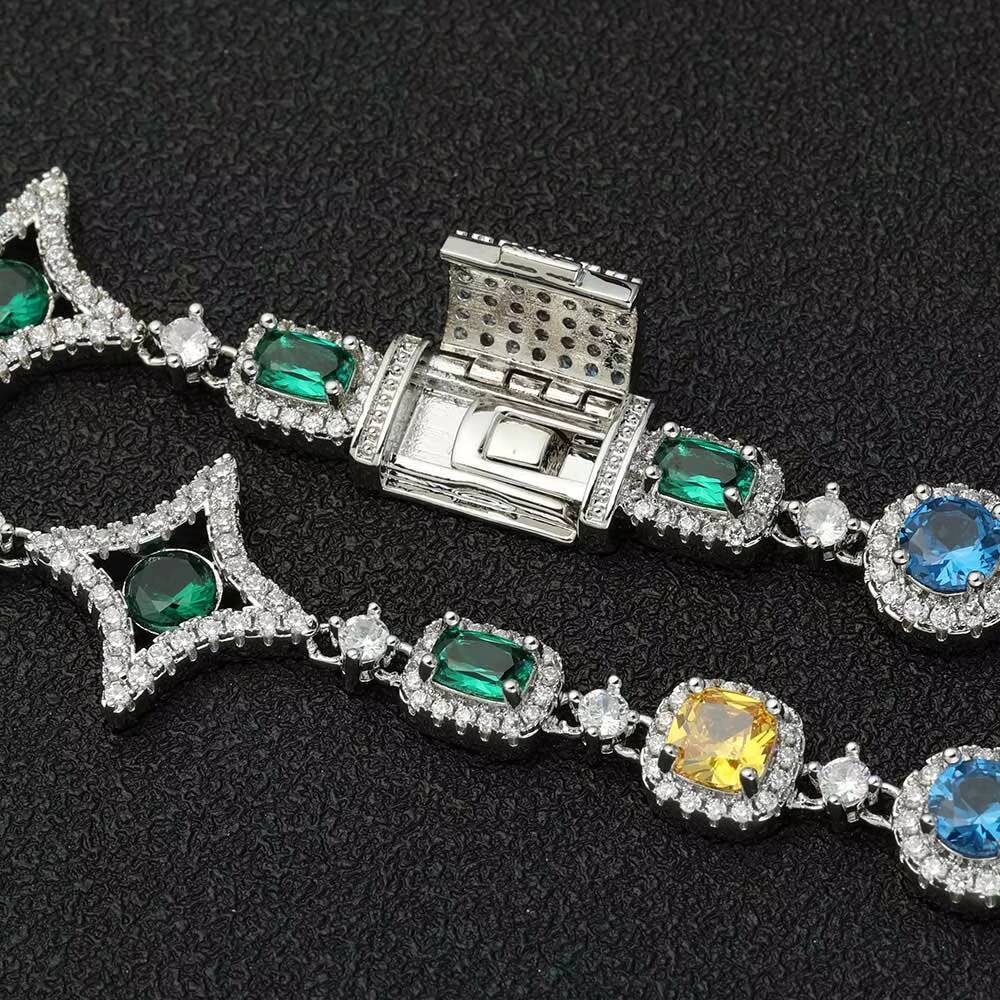NUOYA Hip Hop Jewelry Womens Iced Diamond Star Chain Silver Plated Brass Chain Multicolor Zircon Cubic Gemstones Bracelet Gift