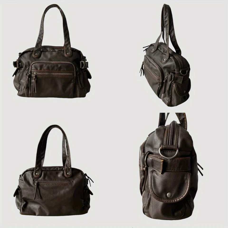 Retro tote bag motorcycle bag soft PU leather large capacity shoulder bag Y2K punk multi pocket crossbody bagW251101