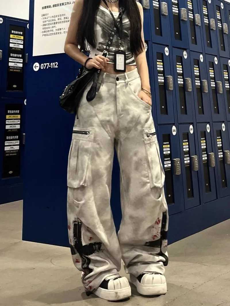 American Street Gothic Graffiti Print Pocket Jeans Women Retro Distressed Loose Fashion Street Casual High Waist Wide Leg Jeans J251031