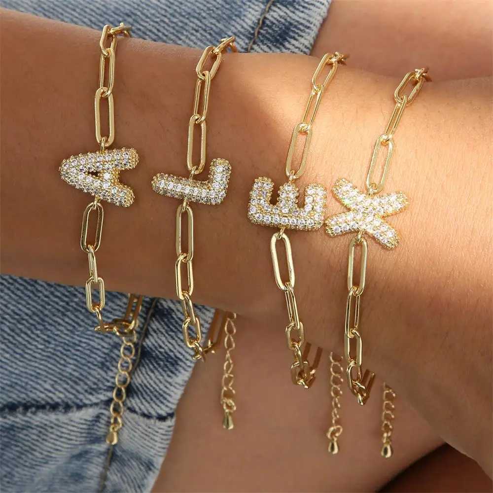 Punk Hip Hop Flash Rhine Stone Shaped Initial Letter Bracelet Stainless Steel Waterproof Zircon Bubble A-Z Letter Chain Bracelet Y250329