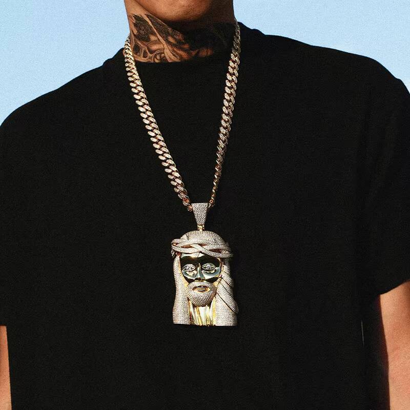Iced Out Hip Hop Jewelry Big Size 18K Gold Plated Brass AAAAA CZ Diamond Jesus Pendant Necklace With Cuban Link Chain for Men