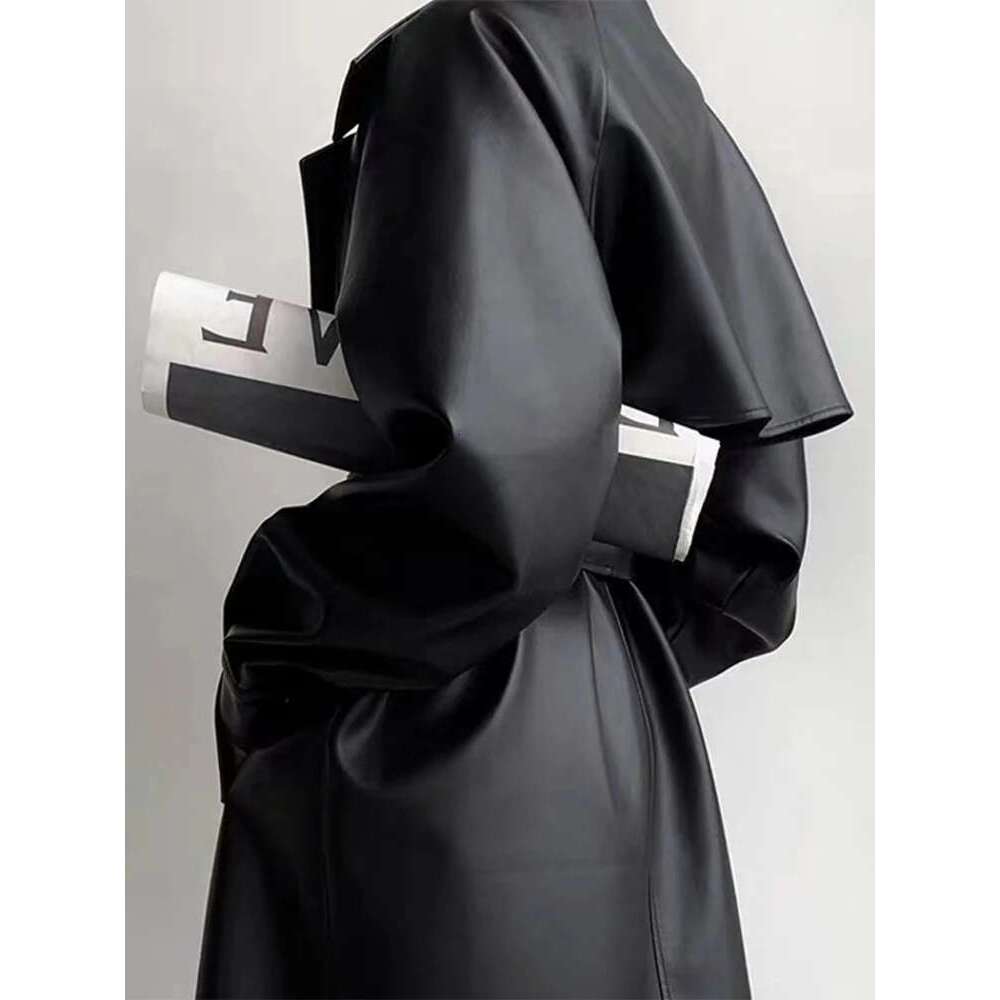 hoodie Women's Wear Oversized Leather Trench Coat For Women Long Sleeve Lapel Loose Lady Jacket With Belt 2024 Autumn New Vintage Streetwear jack