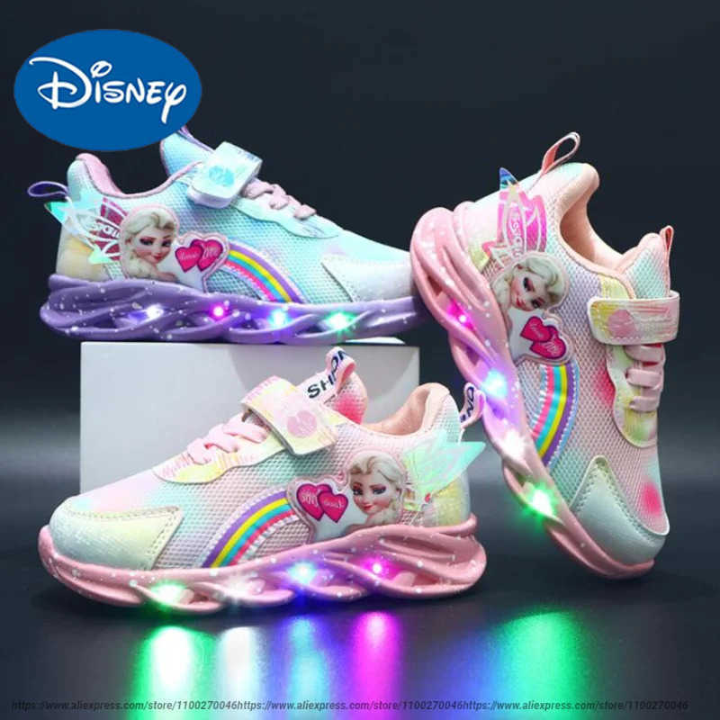 Disney LED Casual Sneakers Pink Purple For Spring Girls Frozen Elsa Princess Print Outdoor Shoes Children Lighted Nonslip Shoes H251101
