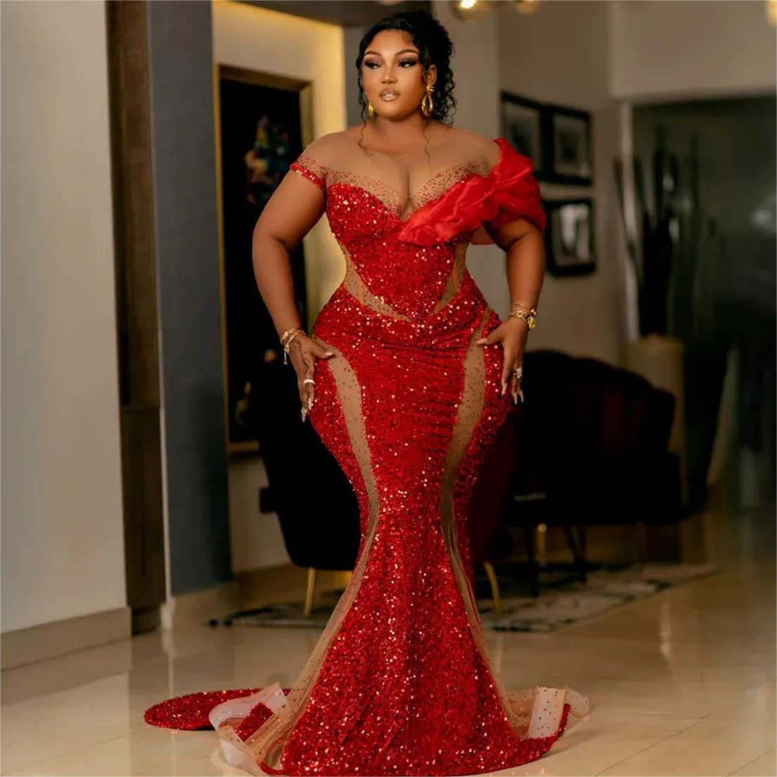 Prom Dresses Plus Size Red Mermaid Sparkling Sequins Lace Short Sleeves Formal Evening Dresses Birthday Party Dress Engagement Gowns Vestido De Sorrie