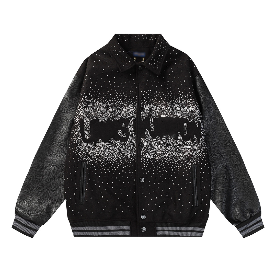 Men's baseball jacket with exclusive velvet fabric and hot-fix diamond design; men's short jacket, men's sweatshirt baseball jacket