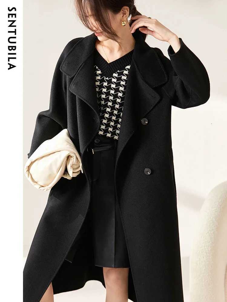 SENTUBILA Womens Long Woolen Overcoats 2025 Winter Outerwear Elegant Turtleneck Warm Double Breasted Belt Wrap Coat W24O42064T251101