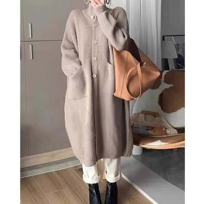 High Neck Sweater Womens Single Breasted Solid Color Long Sleeved Knitted Cardigan Mid Length Jacket Womens Spring and AutumnT251101