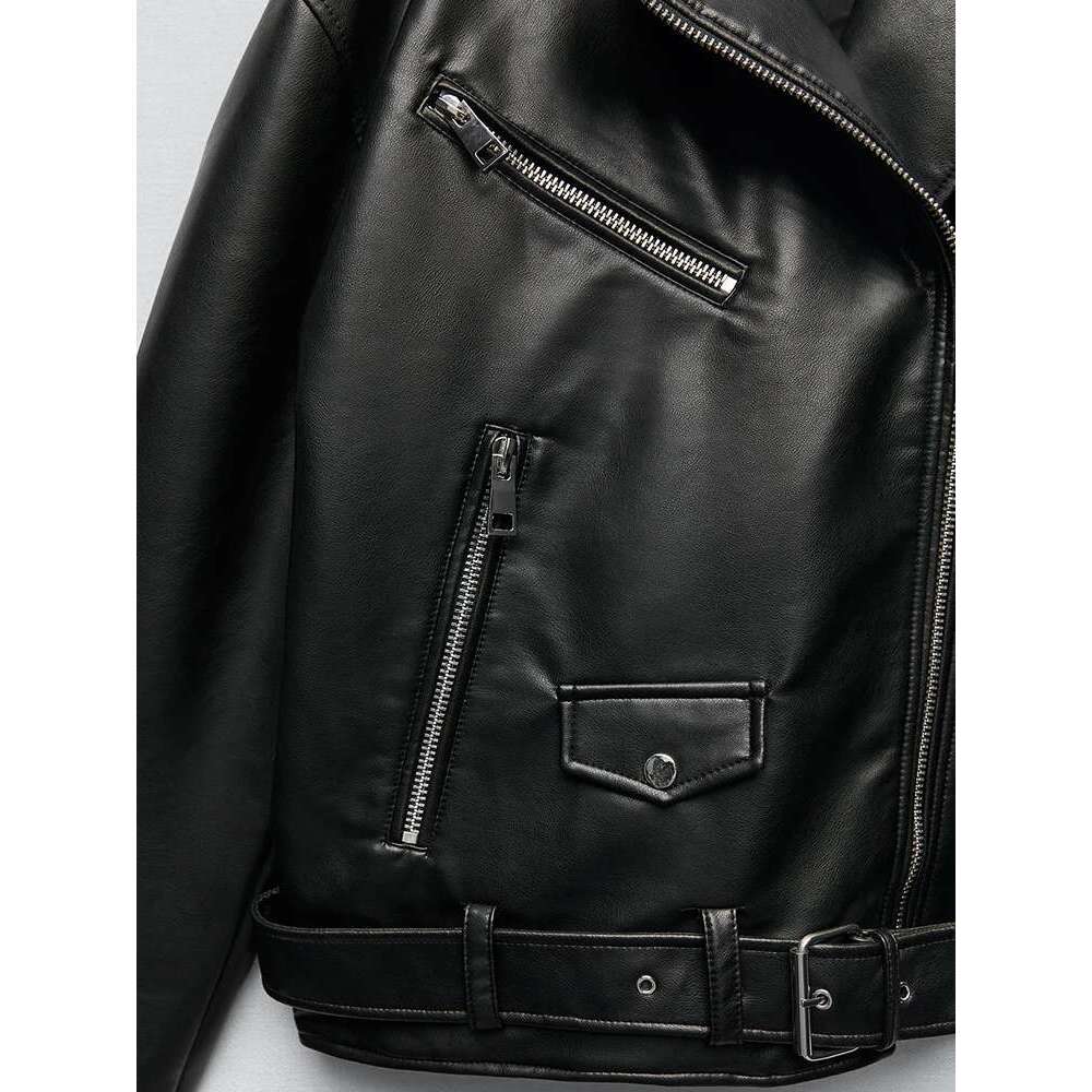 hoodie Baseball Jacket Aigo Women Loose Motorcycle Biker Black Pu Faux Leather Jacket With Belt Spring Autumn Female Zipper Coat Outwear jacket