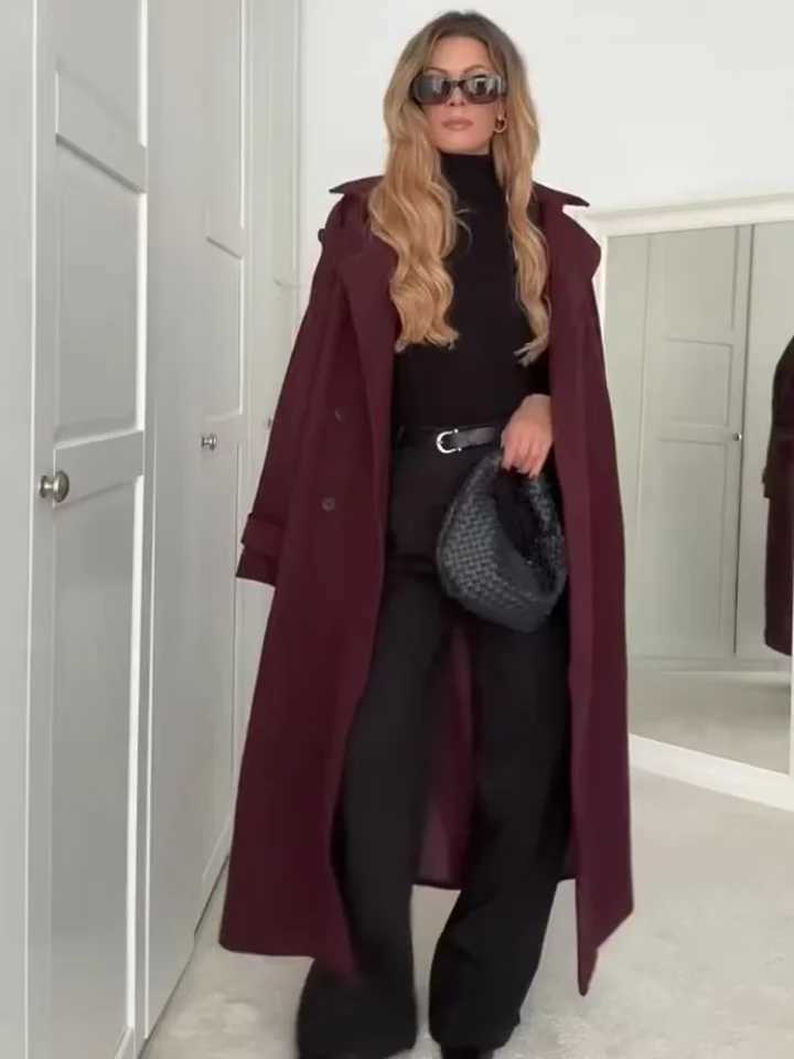 Elegant Womens Burgundy Woolen Overcoat With Belt Lapel Double Breasted Full Sleeve Long Coat 2025 Autumn Winter Lady OutwearT251101