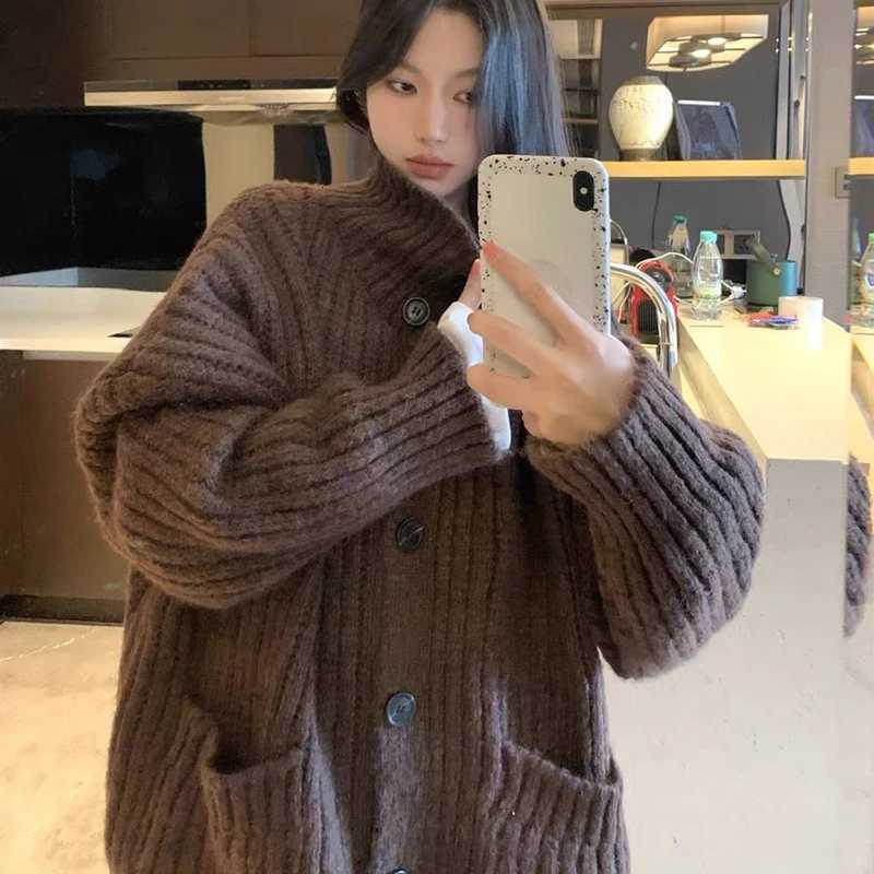 Loose Lazy Sweater Women Twist Fashion Knit Autumn Winter Warm Cardigan Harajuku Stand Collar Gray Vintage Female JumpersT251101