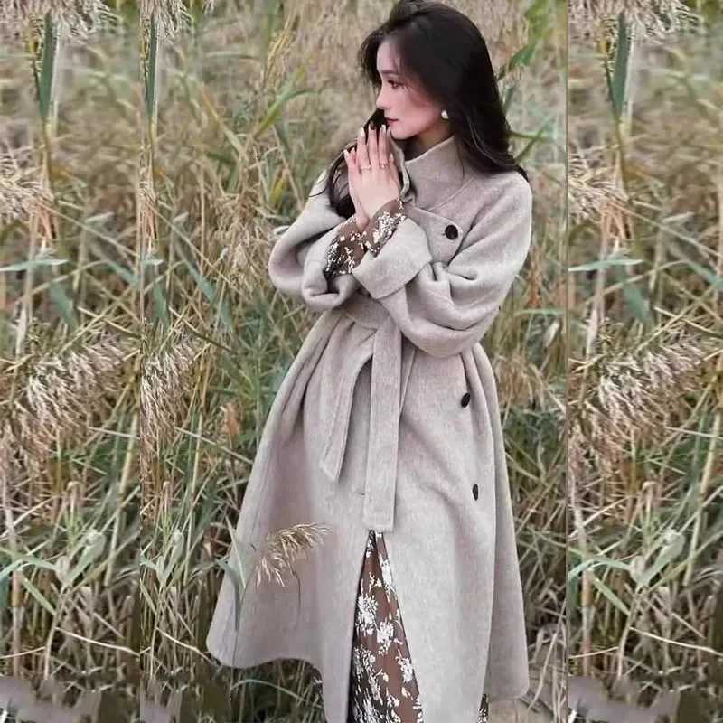 2025Notch Lapel Wool Coat DropShoulder Women 100 Wool Loose Overcoat DoubleLayers Autumn Winter Long Jacket Thick Trench CoatT251101