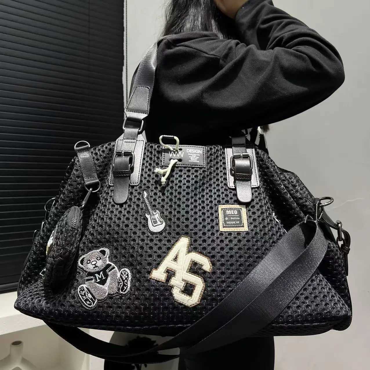 Fashionable womens mesh nylon adhesive tote bag large capacity splicing shoulder bag short distance travel casual handbagW251101