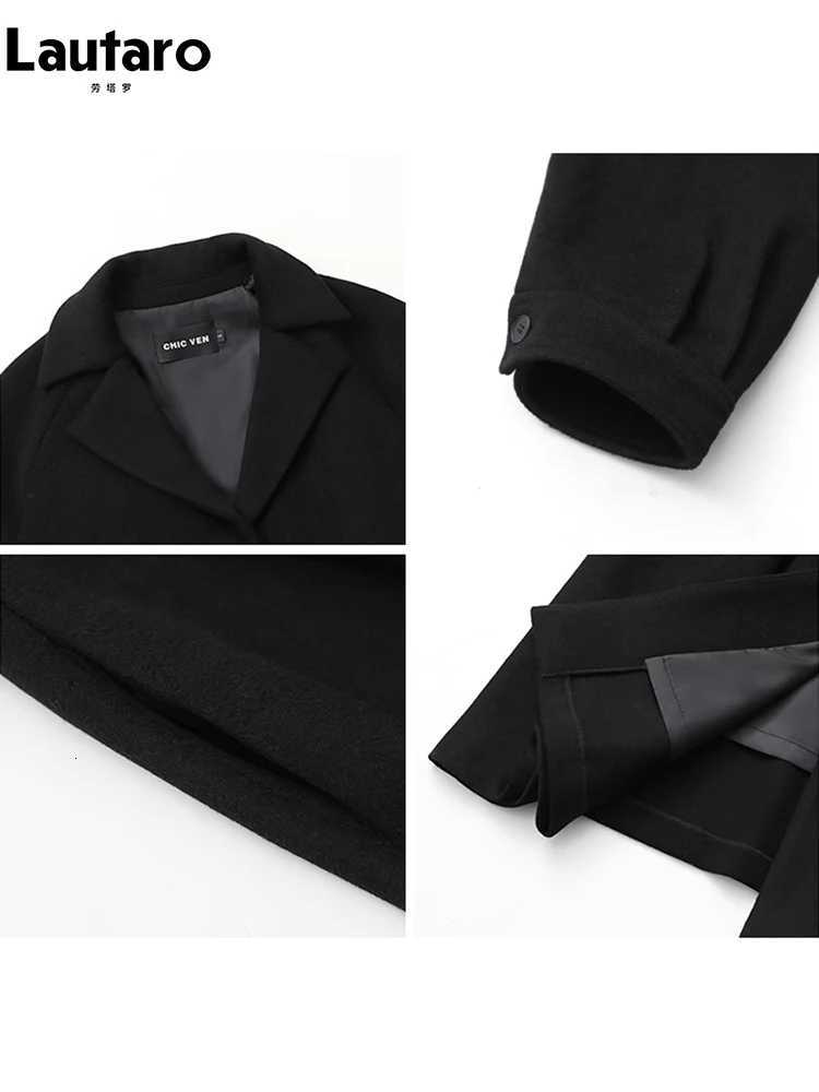 Lautaro Autumn Winter Long Flowy Luxury Vintage Black Warm Thick Woolen Coat Women Luxury Designer Fake 2 Pieces Clothes 2023T251101