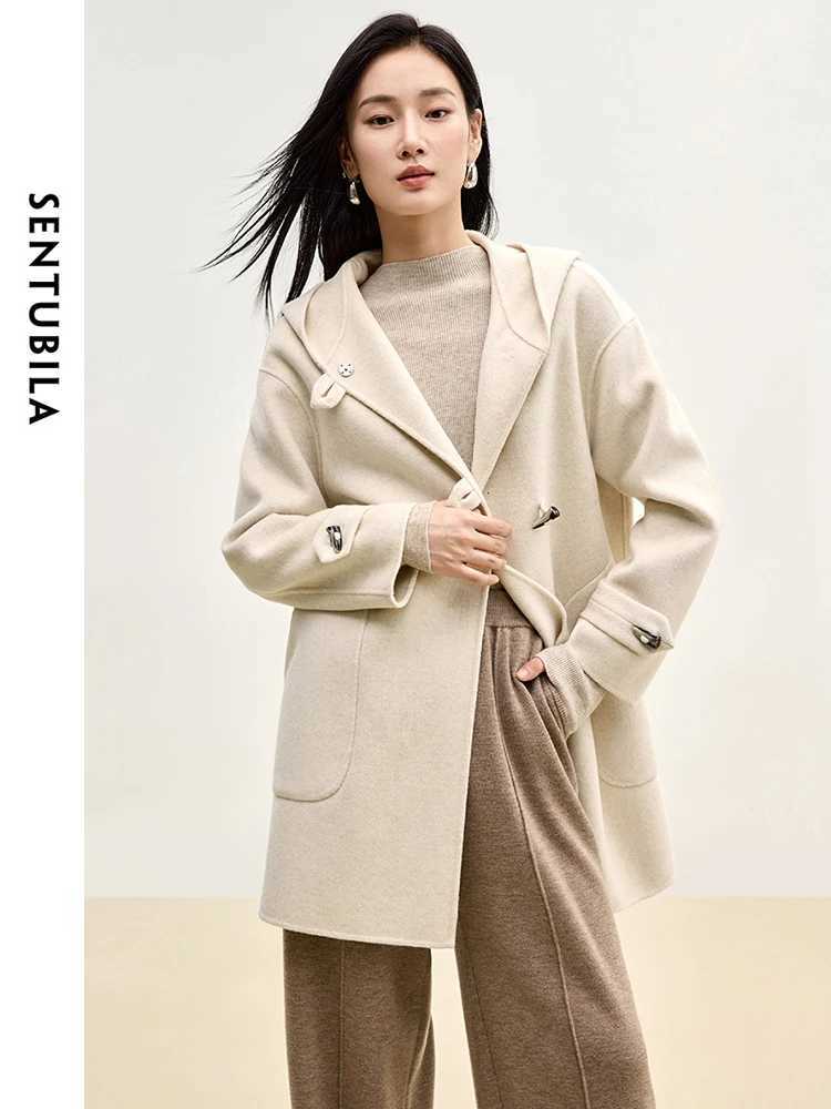 SENTUBILA Double Sided 100 Woolen Coat 2025 Winter Midlength Straight Bull Horn Buckle Female Hooded Outwear W44O55979T251101