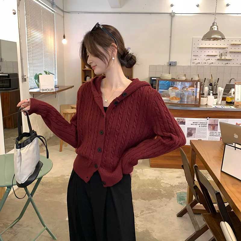 Gray Twist Knitted Cardigan Jacket Women Autumn New Vintage AllMatch Hooded Sweater Coat Fashion Single Breasted Hoodies WomanT251101