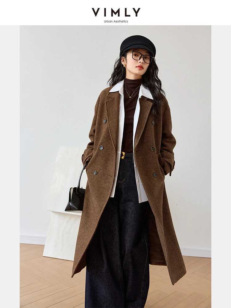 VIMLY Womens Casual Knit Woolen Coats Autumn 2025 Loose Double Breasted Long Sleeve Jacket Office Wear Ladies Outerwear M9832T251101