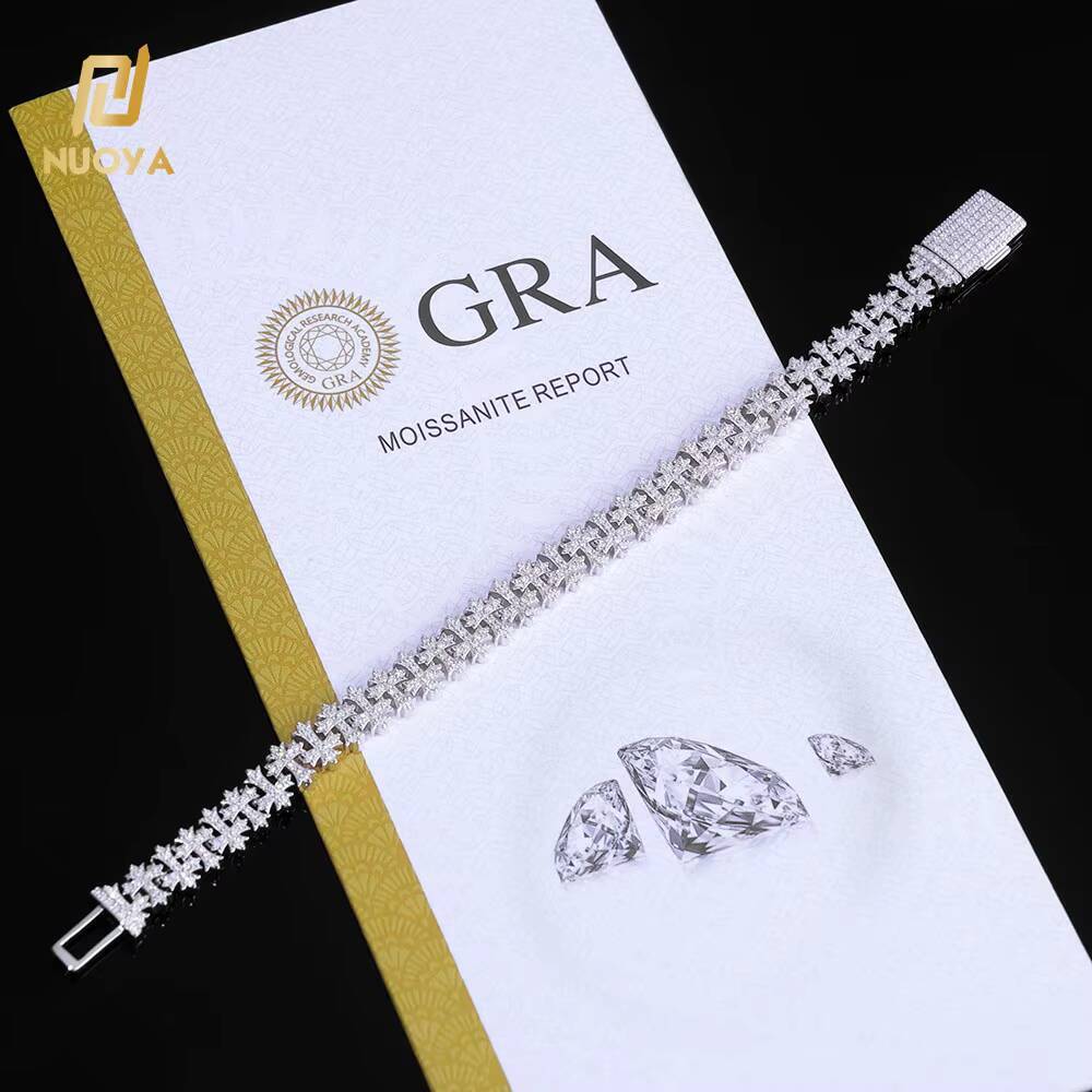 NUOYA 8MM Cross Cuban Chain VVS Moissanite Hip Hop Bracelet 925 Silver for Men and Women Cross Cuban Bracelet for Men and Women