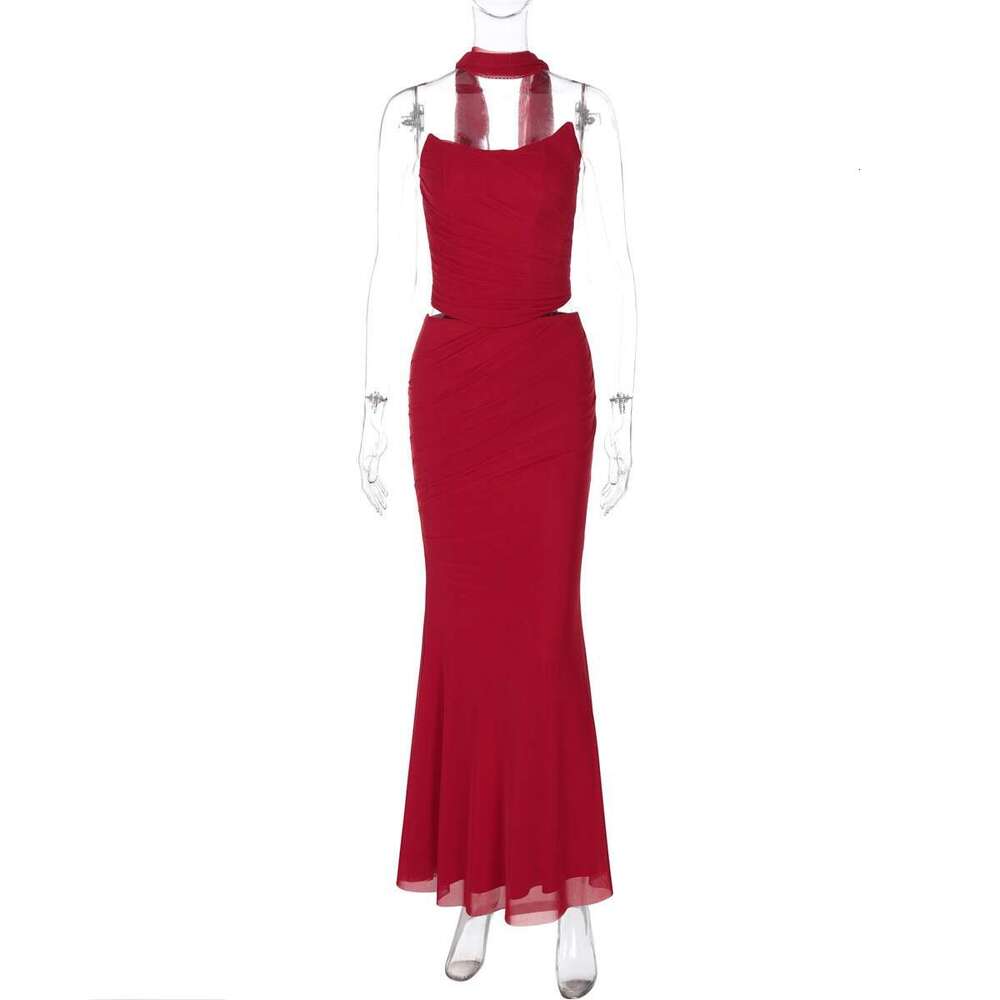 Amazon Cross-Border New Sexy Double-Layer Mesh Tube Top Slim Fit Bodycon Elegant Long Skirt Two-Piece Set 3dcb